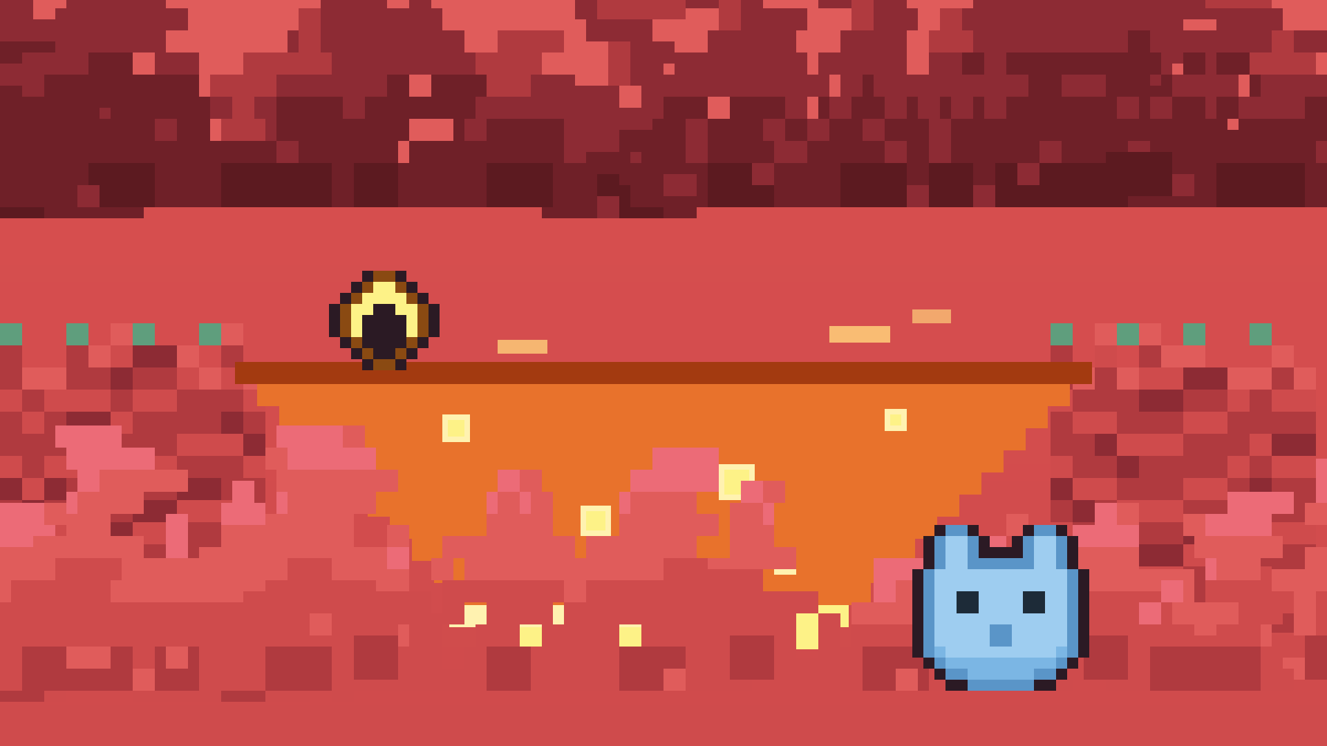 A blocky pool of glowing orange-yellow ichor between pink rock ledges